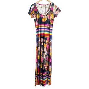 Fuzzi Striped Floral Multicolor Short Sleeve Scoop Neck Jersey Maxi Dress Size S